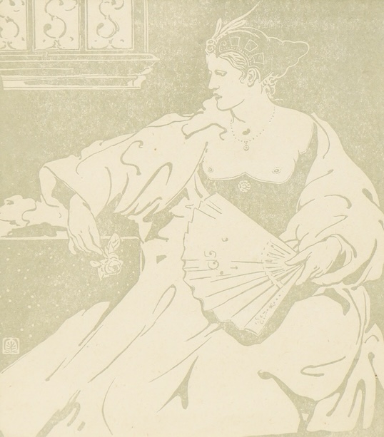 James Pittendrigh MacGillivray (1856-1938), ‘Les Dame Aux Camelias’, unsigned, woodcut, 18 x 15.5cm